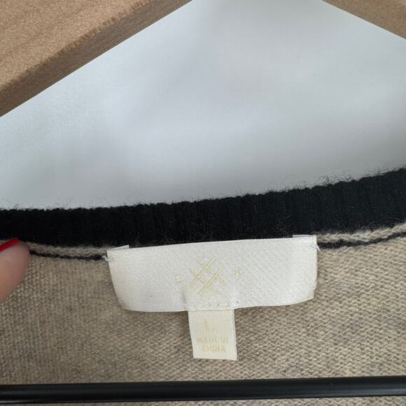 Lord & Taylor Cashmere Sweater L Black Tan Striped VNeck Purple Cuff Elbow Patch - Picture 3 of 7